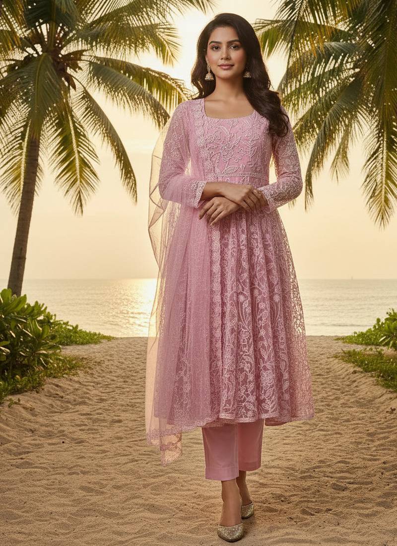 Label divine attire women dusty rose pink lucknowi chikankari net kurta pant set with dupatta