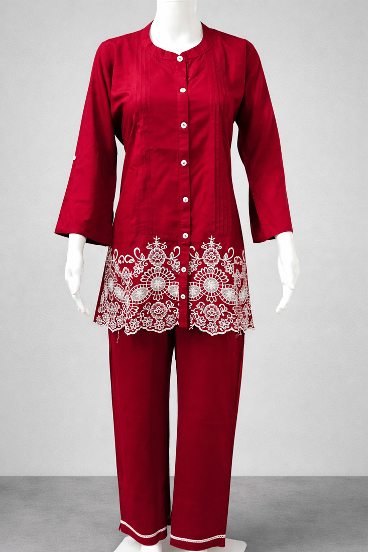 Label divine attire women’s red viscose rayon thread work kurta pant set with collar neck