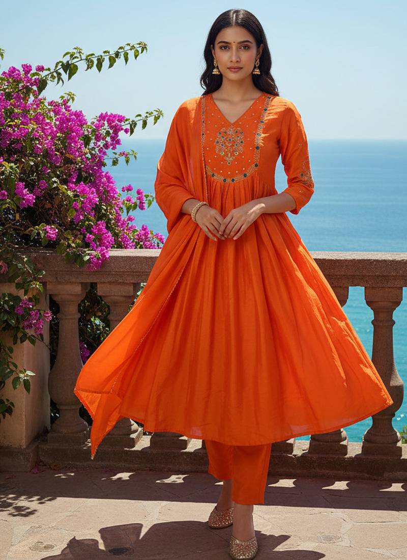 Label divine attire women orange silk blend embroidered kurta pant dupatta set