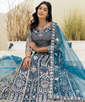 Blue butterfly net wedding wear lehenga choli for women 2