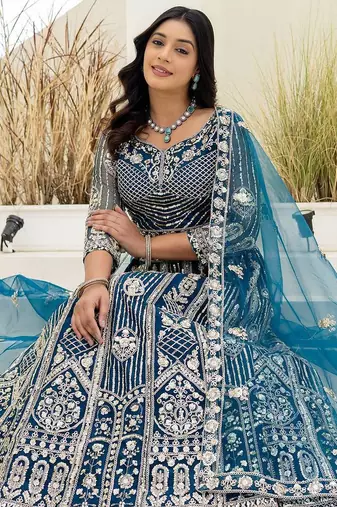 Blue butterfly net wedding wear lehenga choli for women