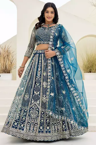 Blue butterfly net wedding wear lehenga choli for women