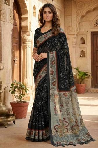 Black Color bandhani and kalamkari design Silk Saree