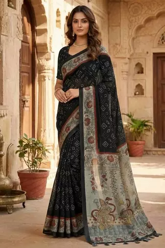 Black Color bandhani and kalamkari design Silk Saree