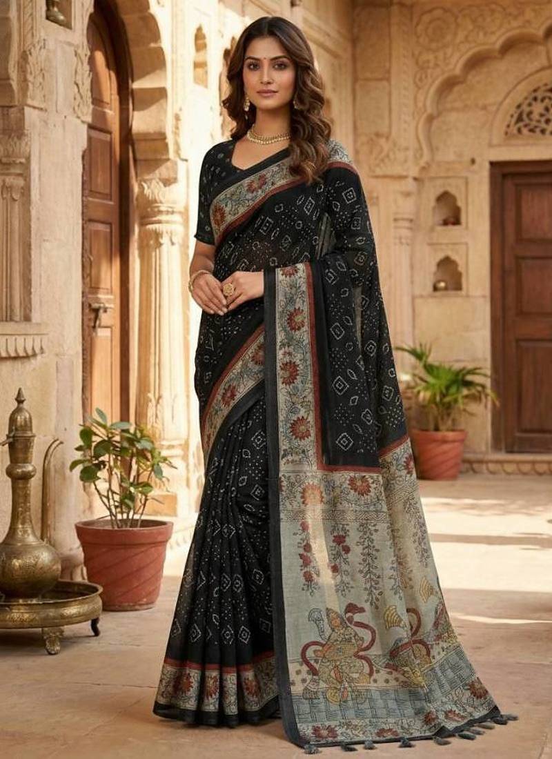 Black Color bandhani and kalamkari design Silk Saree