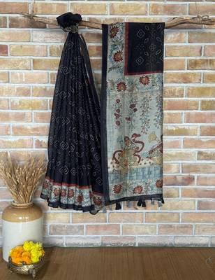 Black Color bandhani and kalamkari design art silk saree 2