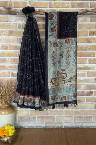 Black Color bandhani and kalamkari design art silk saree