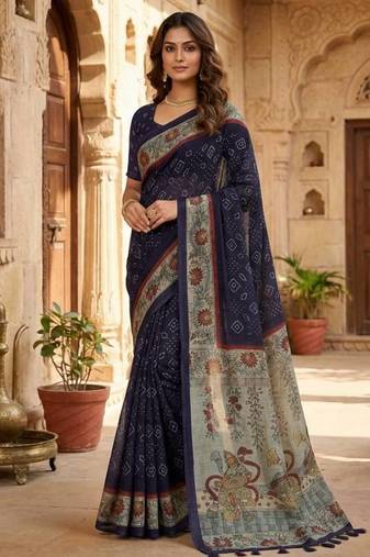 Blue Color bandhani and kalamkari design Silk Saree