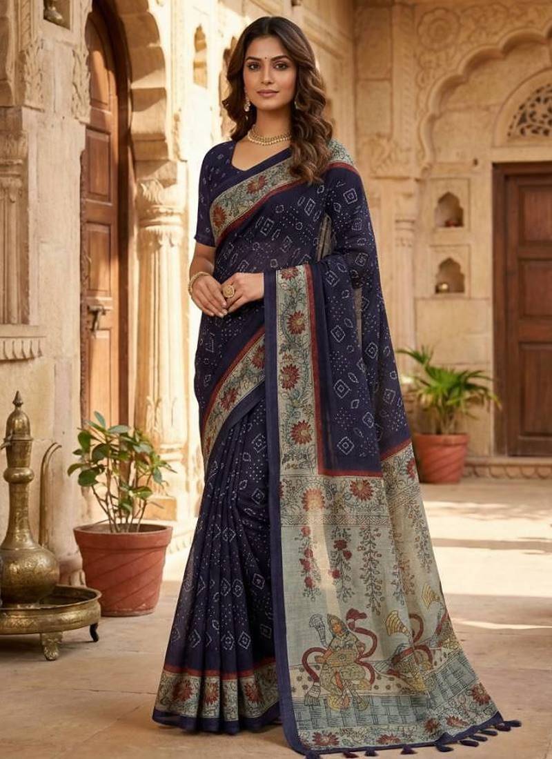 Blue Color bandhani and kalamkari design Silk Saree