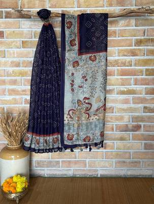 Blue Color bandhani and kalamkari design art silk saree 2