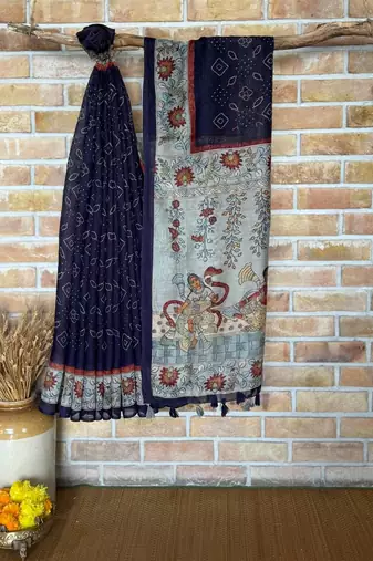 Blue Color bandhani and kalamkari design art silk saree