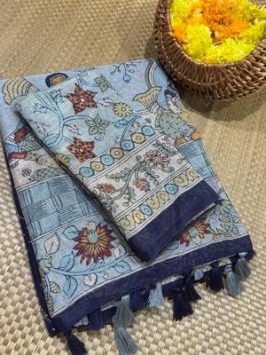 Blue Color bandhani and kalamkari design art silk saree 3