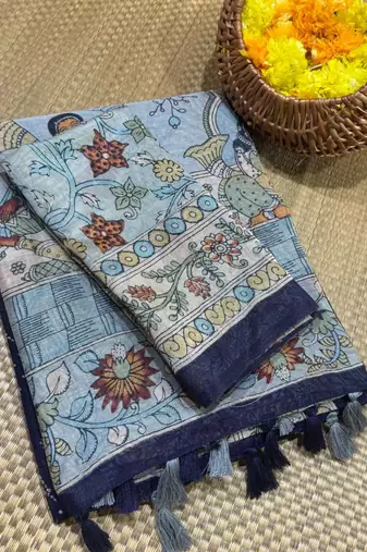 Blue Color bandhani and kalamkari design art silk saree
