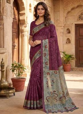 wine Color bandhani and kalamkari design art silk saree 1