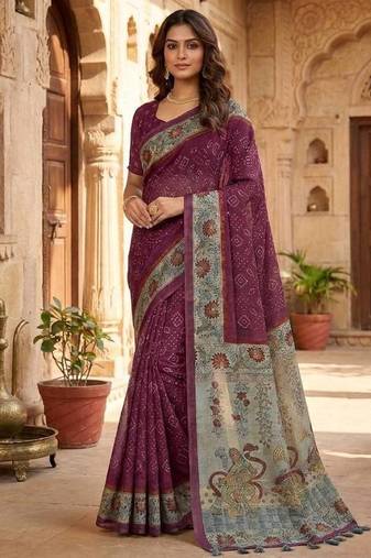 wine Color bandhani and kalamkari design Silk Saree