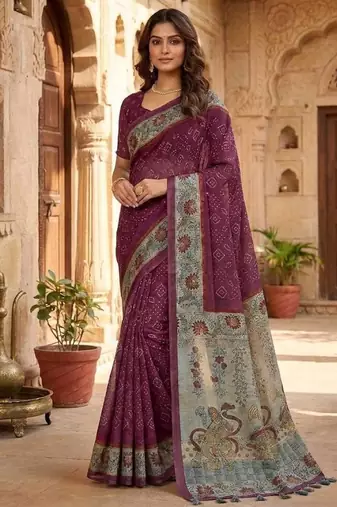 wine Color bandhani and kalamkari design Silk Saree