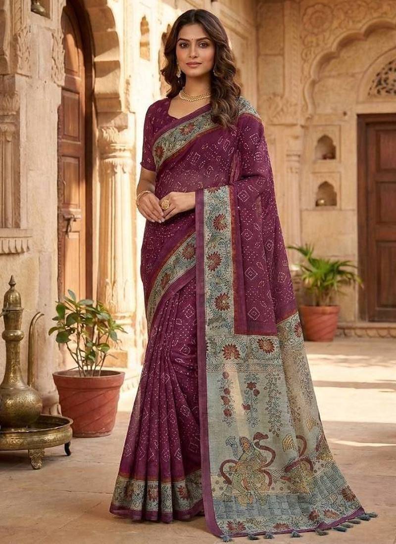 wine Color bandhani and kalamkari design Silk Saree