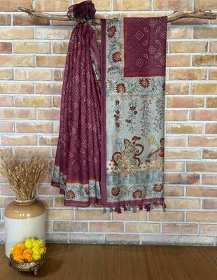 wine Color bandhani and kalamkari design art silk saree 2