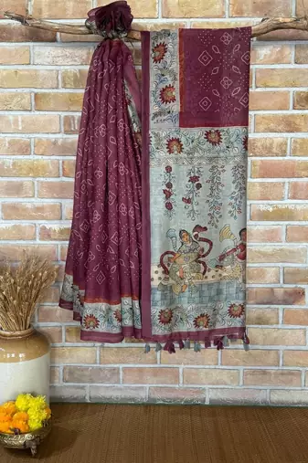 wine Color bandhani and kalamkari design art silk saree
