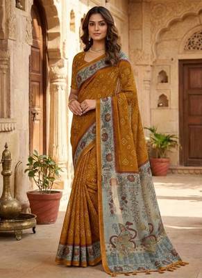 Yellow Color bandhani and kalamkari design art silk saree 1