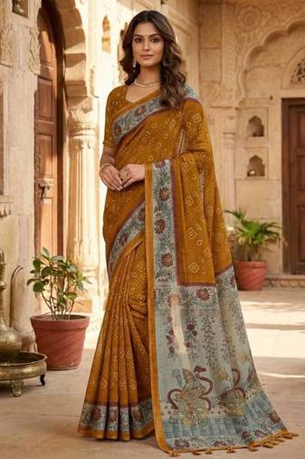 Yellow Color bandhani and kalamkari design Silk Saree