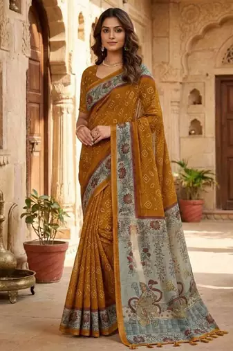 Yellow Color bandhani and kalamkari design Silk Saree