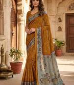 Yellow Bandhani And Kalamkari Design Art Silk Saree