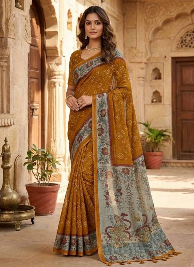 Yellow Color bandhani and kalamkari design Silk Saree