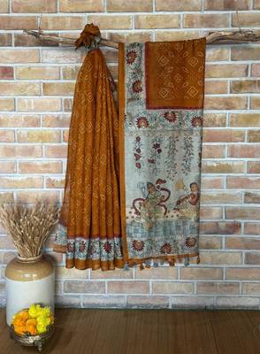 Yellow Color bandhani and kalamkari design art silk saree 2