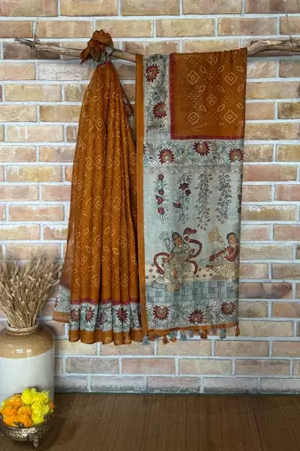 Yellow Color bandhani and kalamkari design art silk saree