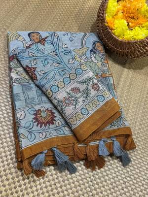 Yellow Color bandhani and kalamkari design art silk saree 3