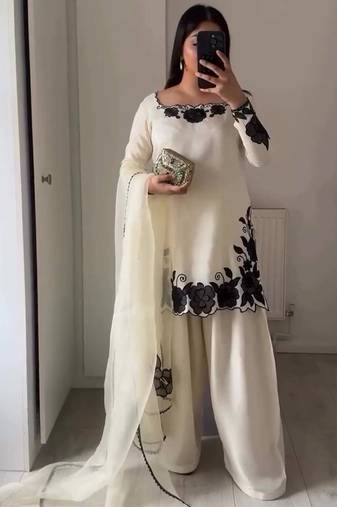 White fendy silk embroidery thread work patiala suit