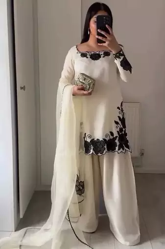 White fendy silk embroidery thread work patiala suit