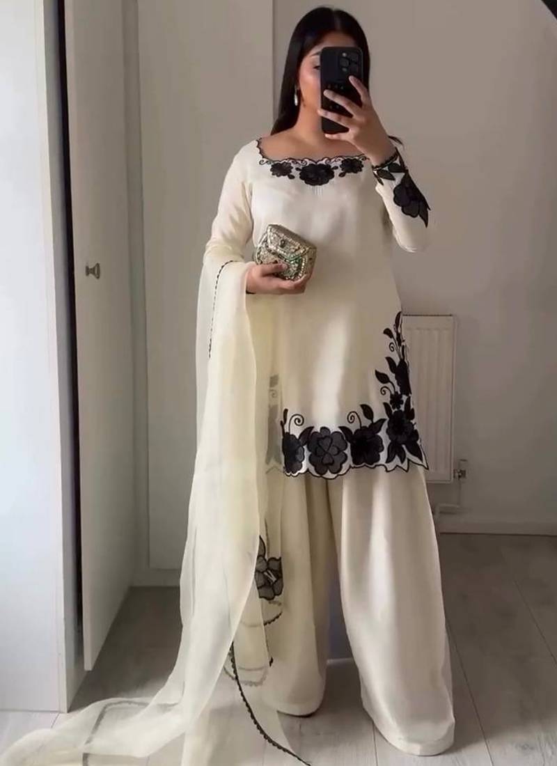 White fendy silk embroidery thread work patiala suit