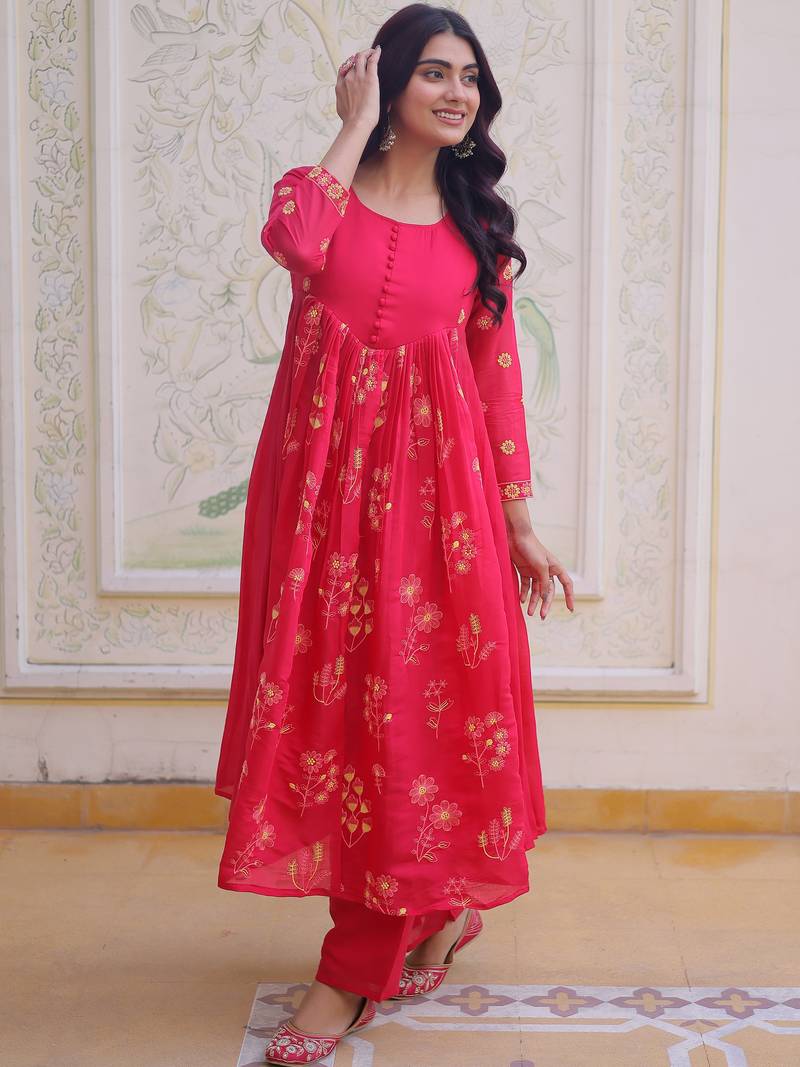 Enchanting Pink Thread Embroidery Chanderi Function Wear Pant Suit