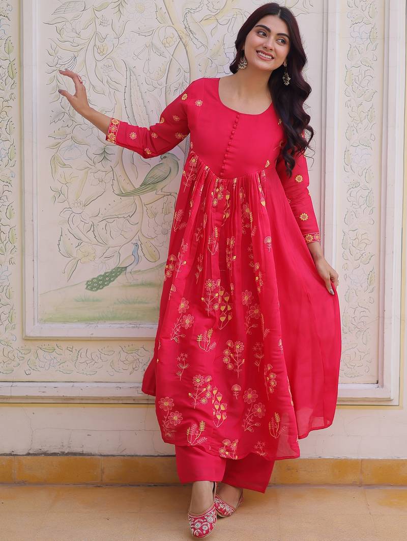 Enchanting Pink Thread Embroidery Chanderi Function Wear Pant Suit