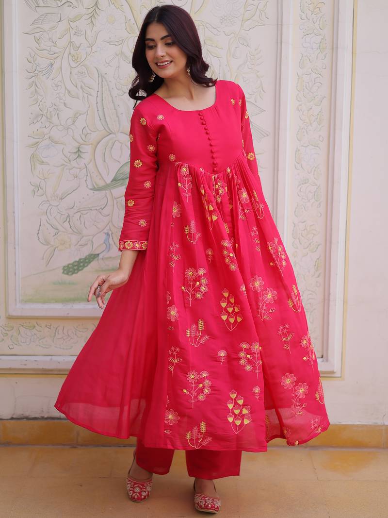 Enchanting Pink Thread Embroidery Chanderi Function Wear Pant Suit