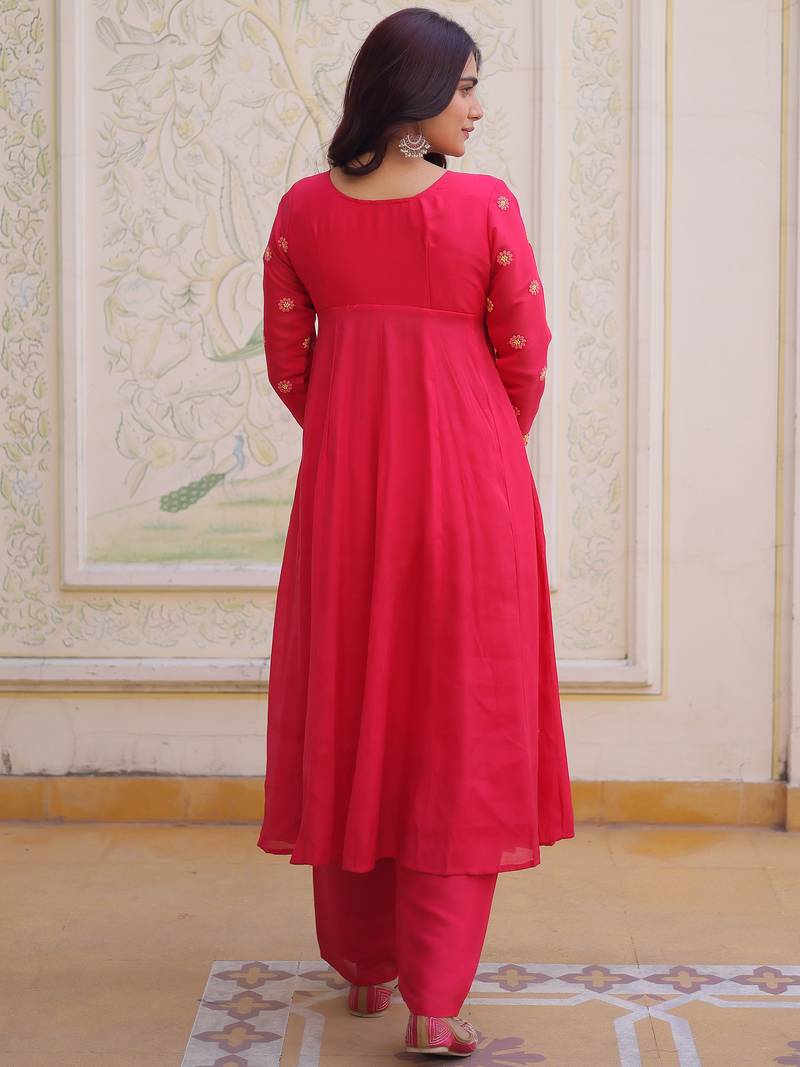 Enchanting Pink Thread Embroidery Chanderi Function Wear Pant Suit