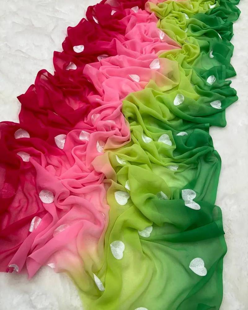 Rani Pink And Green Color  heart shape work embroidery Georgette Saree