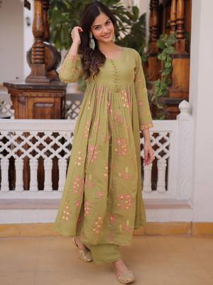 Tantalizing Pista Green Floral Embroidery Chanderi Mehendi Wear Pant Suit 5