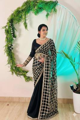 Black soft fandy sattin silk with mirror work lace border saree 1