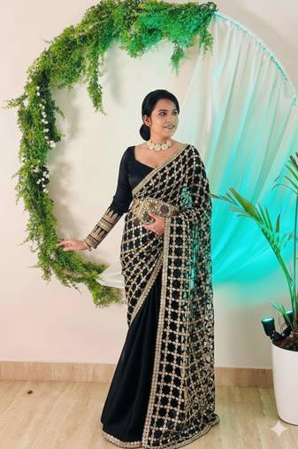 Black pure soft fandy sattin silk with real mirror work lace border saree