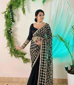 Black pure soft fandy sattin silk with real mirror work lace border saree