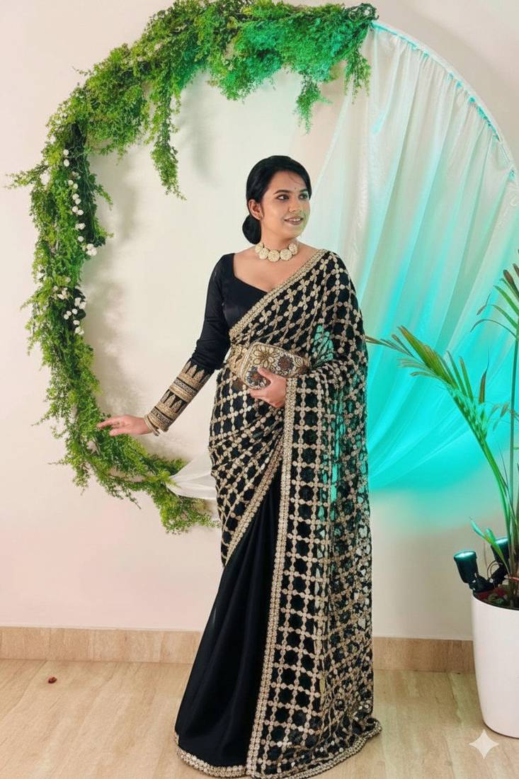 Black pure soft fandy sattin silk with real mirror work lace border saree