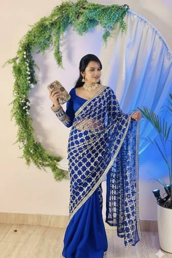 Blue pure soft fandy sattin silk with real mirror work lace border saree
