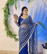 Blue pure soft fandy sattin silk with real mirror work lace border saree