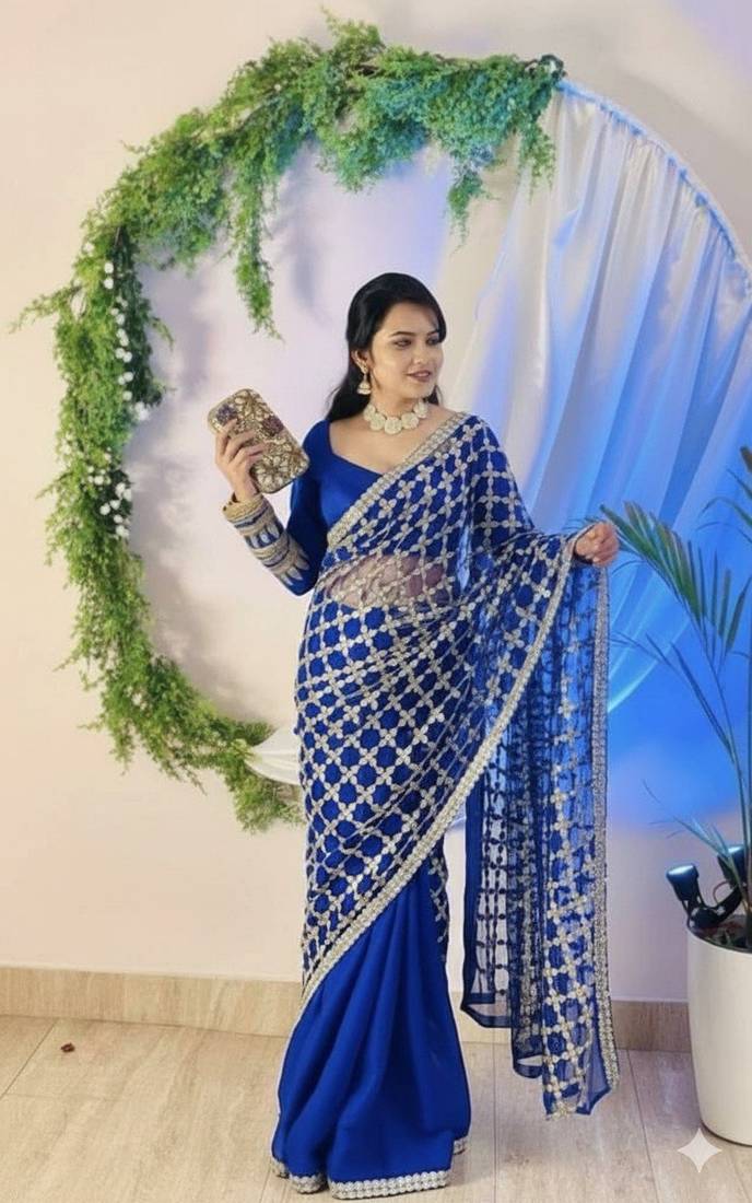 Blue pure soft fandy sattin silk with real mirror work lace border saree