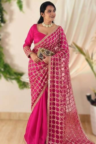 Pink pure soft fandy sattin silk with real mirror work lace border saree