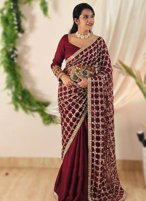 Maroon soft fandy sattin silk with mirror work lace border saree 2