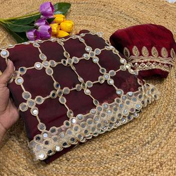 Maroon soft fandy sattin silk with mirror work lace border saree 3